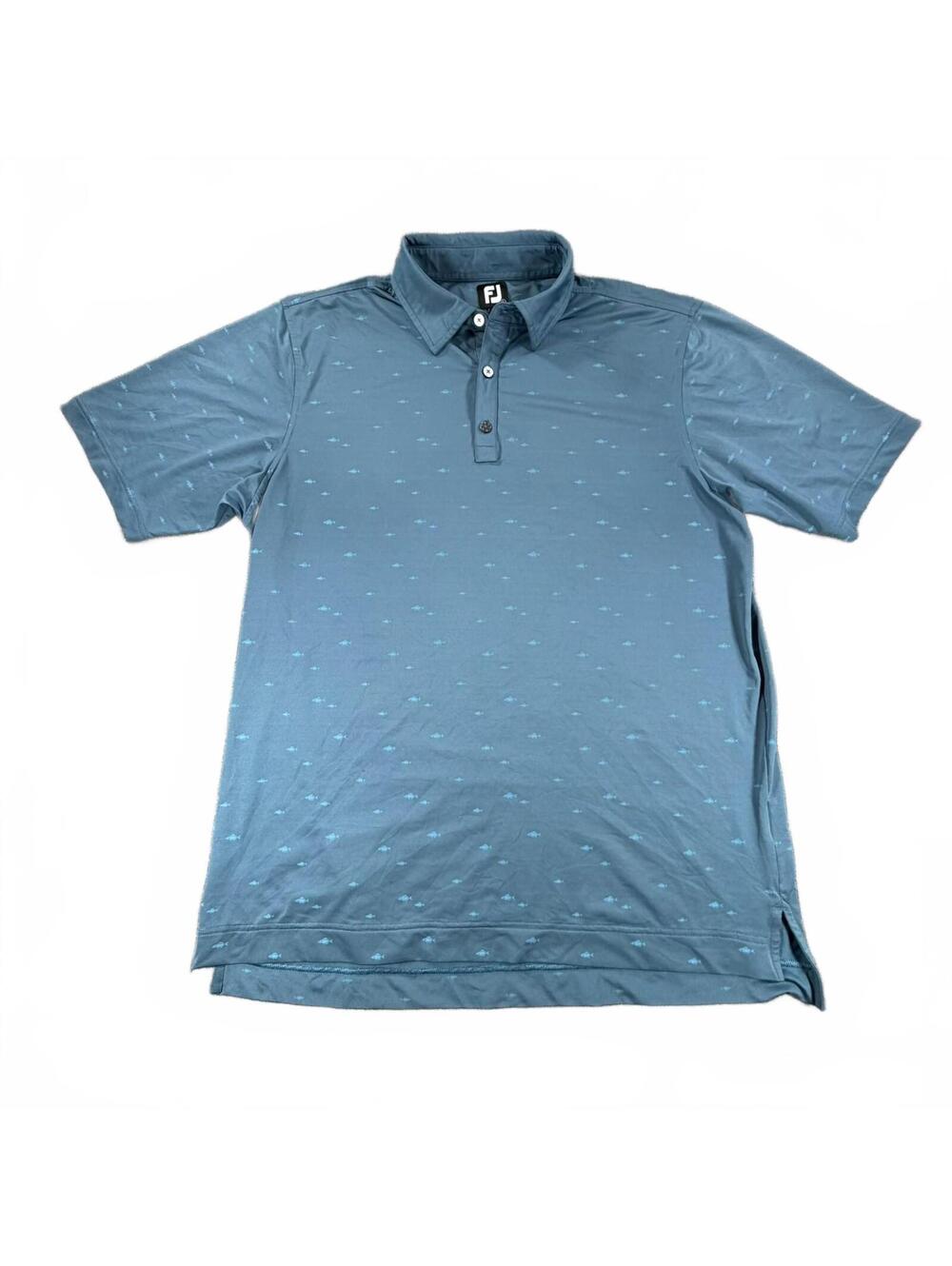 FootJoy Blue Golf Fish Print Pattern Polo Shirt Men’s Size L Polyester Blend
